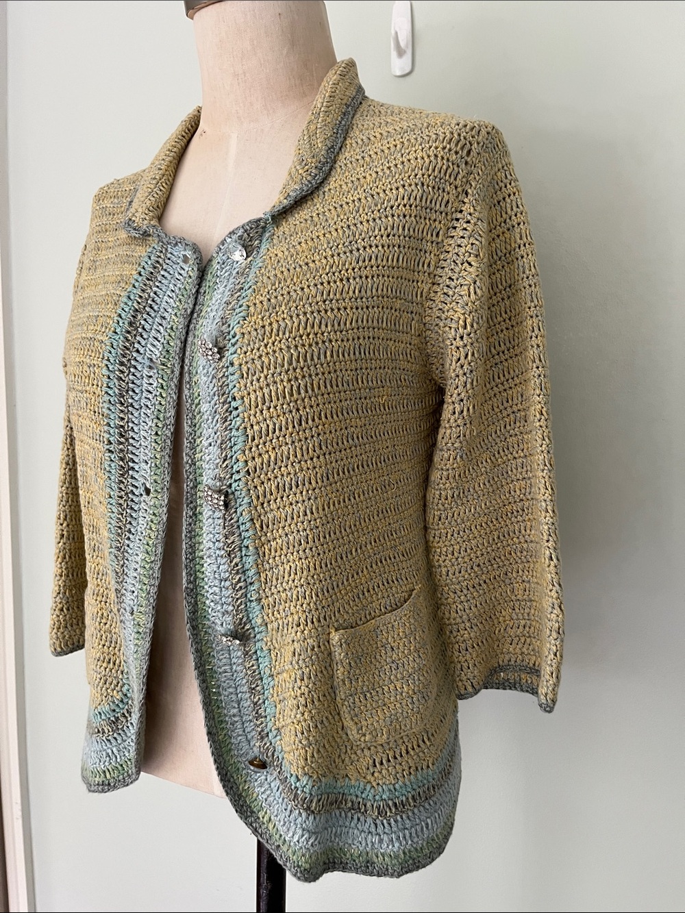 J.Jill Vintage Light Olive Crochet Open-Front Cardigan with Seafoam Trim - Picture 4 of 9